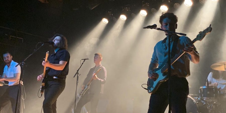 Amber Run -- (from left) Henry Wyeth (keyboards), Joshua Keogh (lead singer), Michael Blackwell (guitar), Tom Sperring (bass), and Glyn Daniels (drums) -- perform during a tour stop at Warsaw in Brooklyn, N.Y., on Nov. 2, 2019.