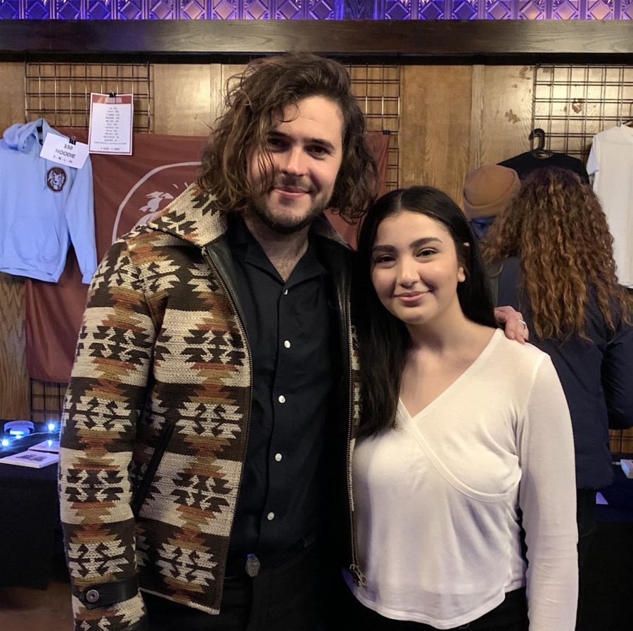 Joe Keogh (left) of Amber Run poses with reporter Amera Lila after an interview with the band during a tour stop at Warsaw in Brooklyn, N.Y., on Nov. 2, 2019.