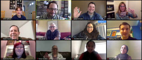 Ilana Levine (top right) talks with student journalists and teachers during a remote interview Tuesday, March 24, 2020.