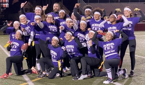 The victorious Purple team celebrates its 2019 powderpuff victory at Everett (Mass.) High 