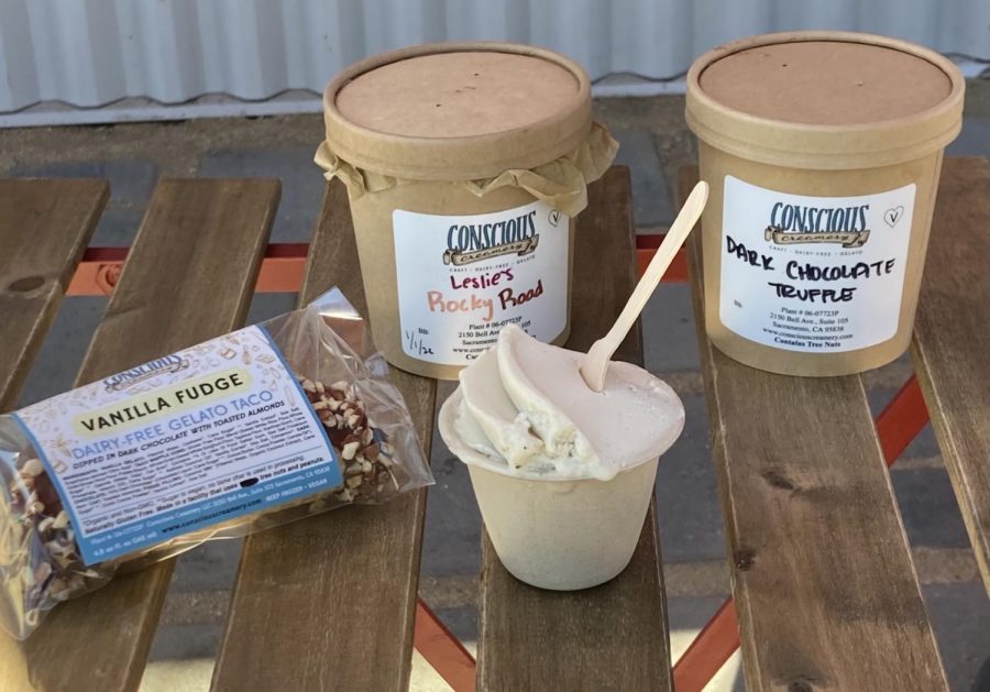 Ice cream from Conscious Creamery in Sacramento, Calif. On the far left is the Vanilla Fudge Gelato Taco, in the small cup is Vanilla Bean, and behind them are pints of Dark Chocolate Truffle and Leslies Rock Road Gelato.