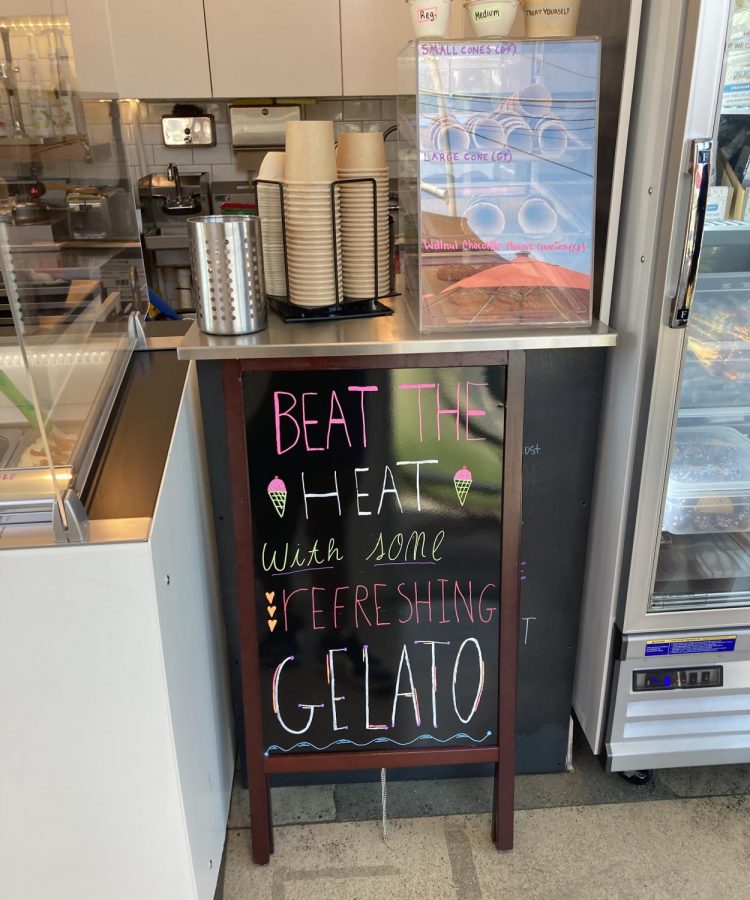 Sign located inside Conscious Creamery in Sacramento, Calif., encouraging costumers to come and get gelato in the boiling climate. 