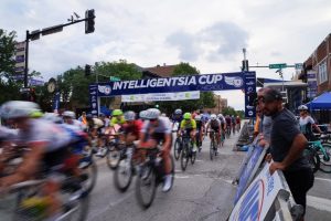 Women cyclists race on St. Charles Road on July 26 in Lombard, Ill. Margaret LeBeau 
