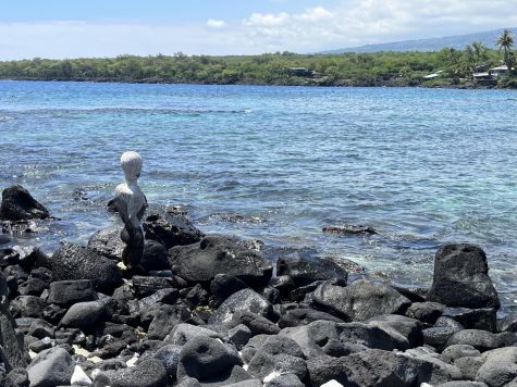 A wooden figure stands on the shore of Puuhonua O Honaunau National Historical Park.