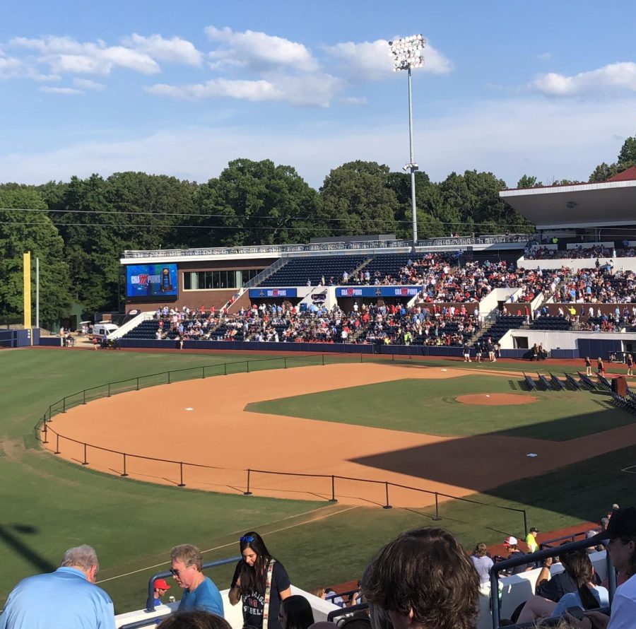 Swayze Field in Oxford, Miss,. fills up June 29, 2022, as fans prepare to celebrate the Ole Miss baseball teams first NCAA national championship.