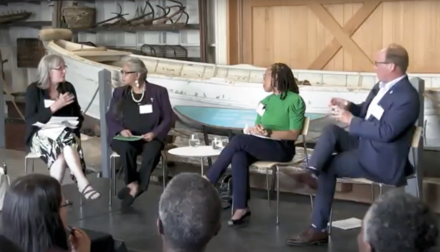 Mindy Todd (far left) hosted Crafting Equitable Solutions to the Climate Crisis, which featured Cheryl Andrews-Maltais, Danielle Deane-Ryan, and Peter de Menocal (left to right), and was presented by the Woods Hole Oceanographic Institution on July 19, 2022.