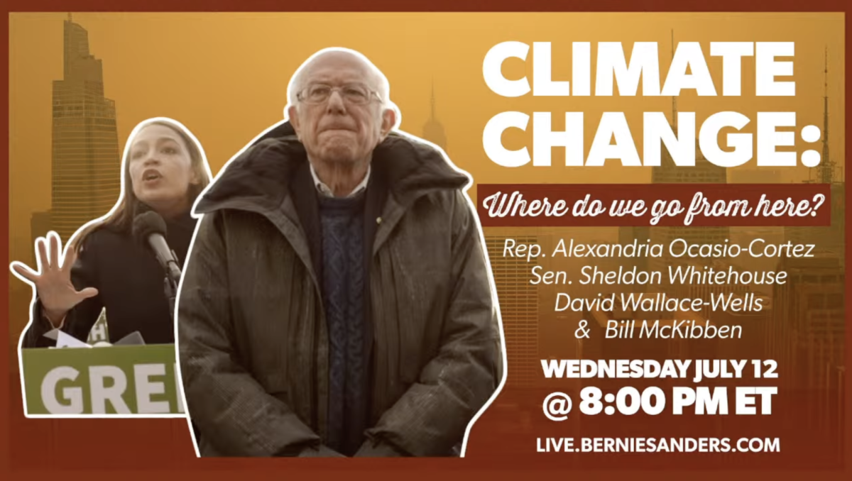 Senator Bernie Sanders (right), Representative Alexandria Ocasio-Cortez (left), Bill McKibben, David Wallace-Wells, and Senator Sheldon Whitehouse held an online panel on climate change on July 12, 2023. 