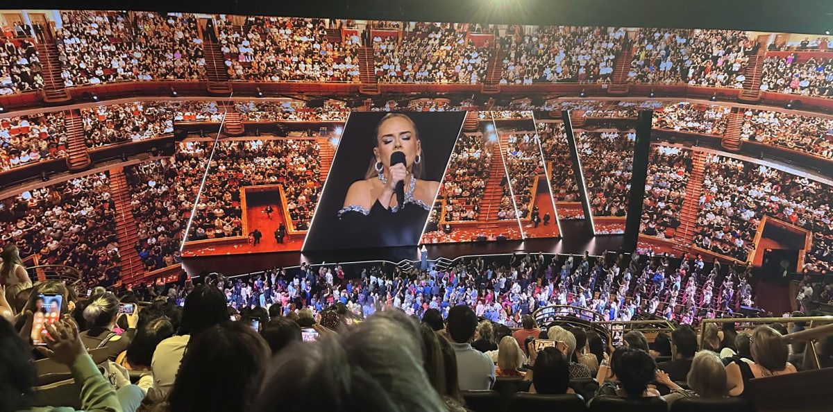 Adele+performing+in+front+of+a+giant+video+screen+and+in+front+of+a+packed+house+during+her+residency+at+The+Colosseum+in+Las+Vegas+on+Aug.+5%2C+2023.+%0A