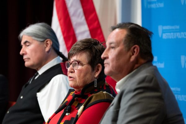 Wilson Pipestem (left), Hepsi Barnett (center), and Chief Jim Gray took part in the Dec. 4 Institute of Politics forum on the Osage Nation and the film “Killers of the Flower Moon.” (Courtesy Harvard Kennedy School Institute of Politics)