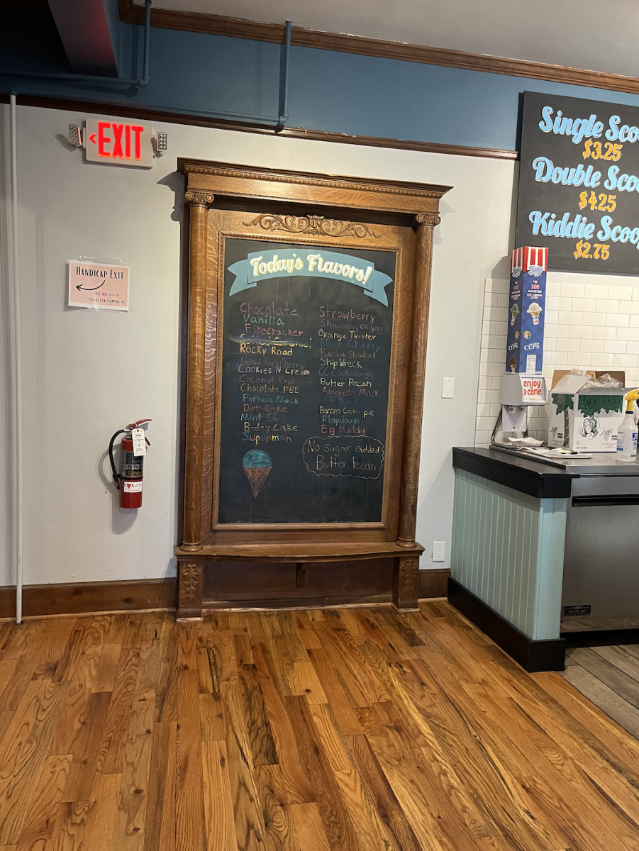 Twenty-seven flavors of ice cream are displayed on Hansen’s “Today’s Flavors” chalkboard. Twenty-four of those flavors — excluding chocolate, vanilla, and strawberry — were included in the flight as of June 8, 2024.