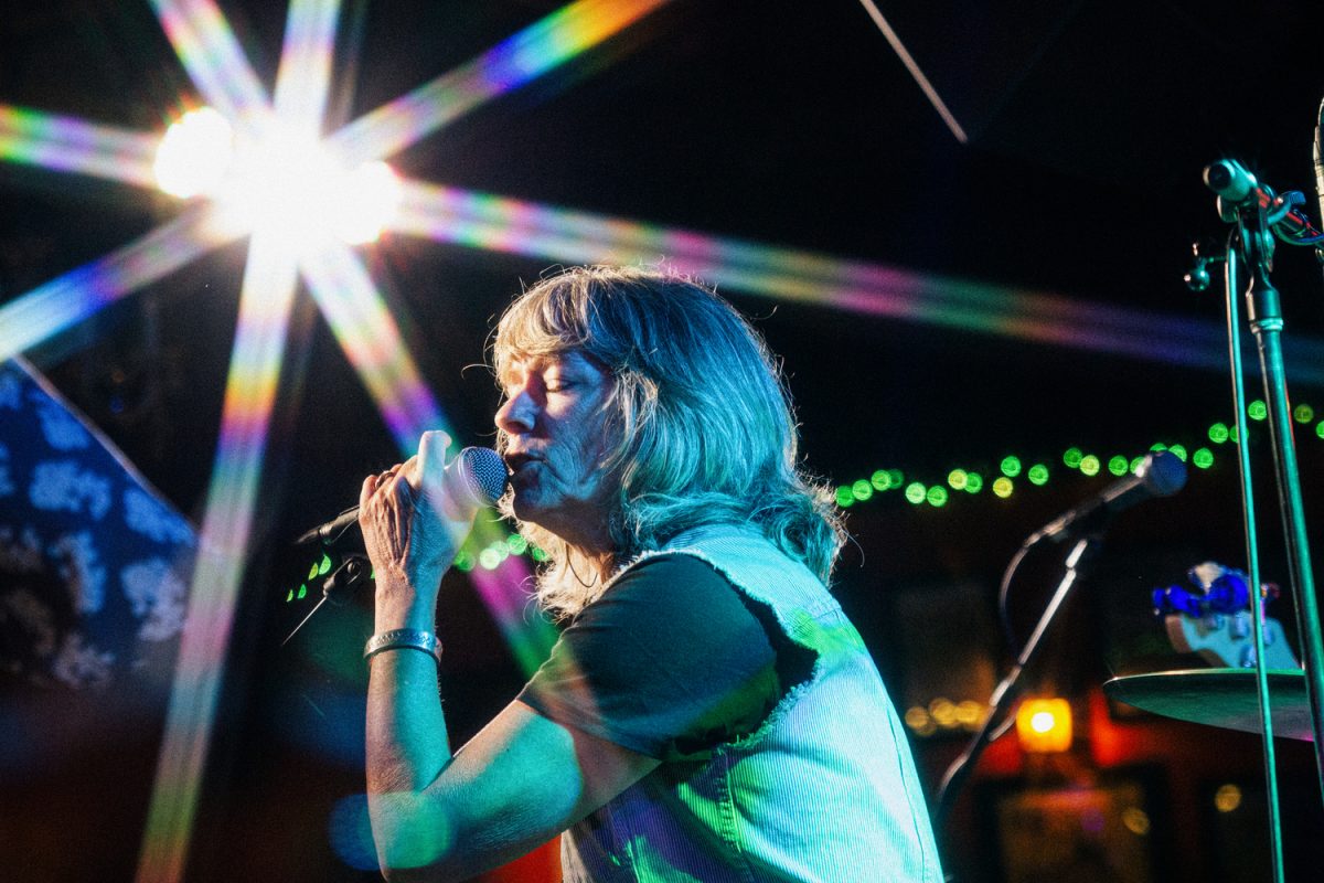 Lead vocalist Lynn Shipley harmonizes as the Hummingbird Syndicate performs at the Burren in Somerville, Mass., on June 29, 2024. 