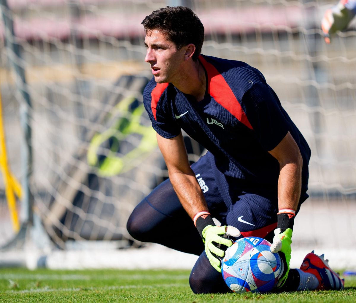 Goaltender Patrick Schulte catches the ball during Olympic training for the US mens national soccer team July 23, 2024, in Marseille, France. (Photo courtesy: Andrea Vilchez/USSF)
