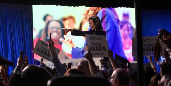 Vice President Kamala Harris acknowledges supporters while speaking at the annual American Federation of Teachers national convention at George R. Brown Center in Houston on July 25, 2024.