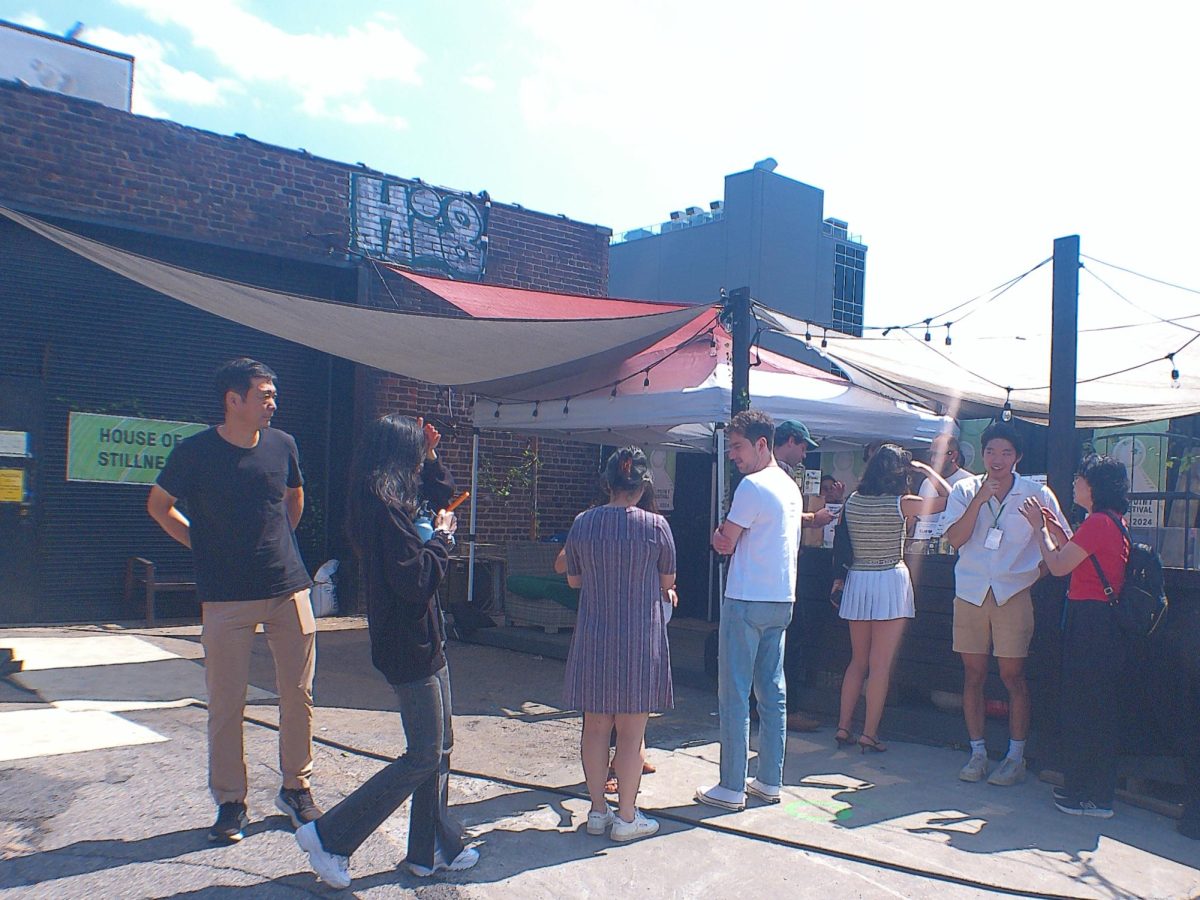    Sat, Aug 10, 2024, cooling down with a refreshment at Elm Foundation’s The Boiler venue in Greenpoint, Brooklyn, New York before the next Greenpoint Film Festival’s agenda.