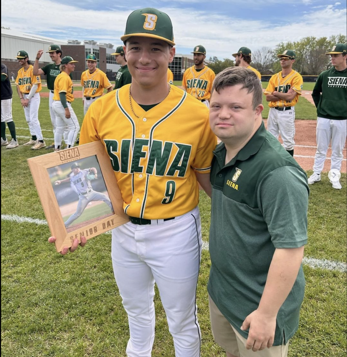 Pitcher Joey Laurer (left) was honored during Senior Day festivities at Siena College. (Courtesy: Joey Laurer)
