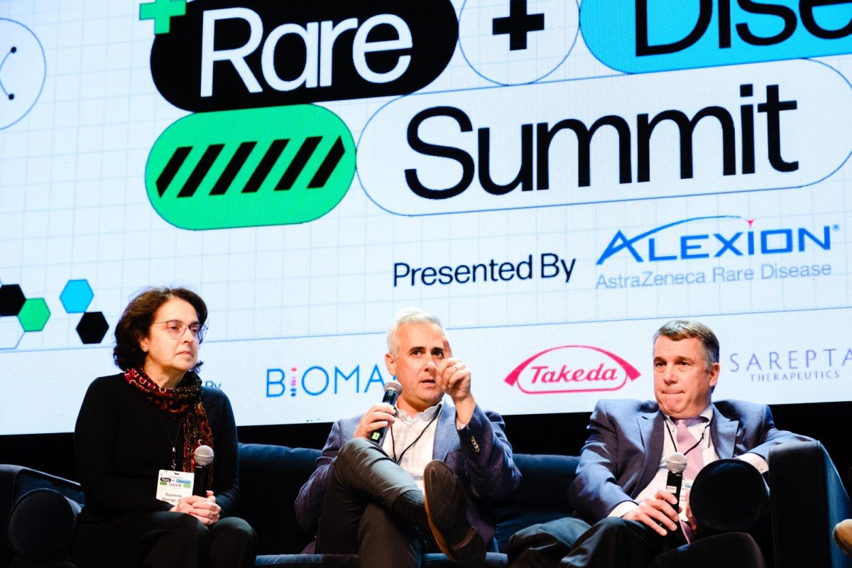 (From left) Suzanne George from Dana-Farber Cancer Institute, Jesse Boehm from Break Through Cancer, and Matthew H. Kulke from Boston Medical Center took part in one of the panels at the Rare Disease Summit, which was sponsored by the Boston Globe and held Feb. 25, 2025, at Big Night Live. (Photo courtesy Boston Globe)