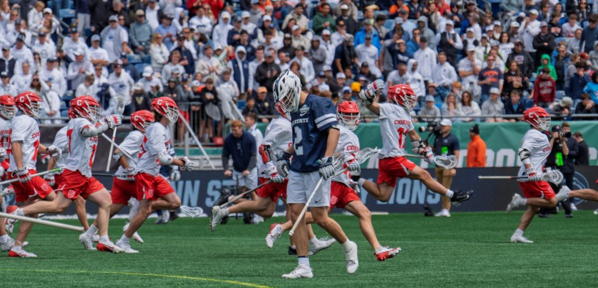 Penn State sophomore Brendan Leary looks down in disappointment as the Cornell men's lacrosse team celebrates its 11-9 win in the NCAA Division 1 semifinals on May 24, 2025, at Gillette Stadium.