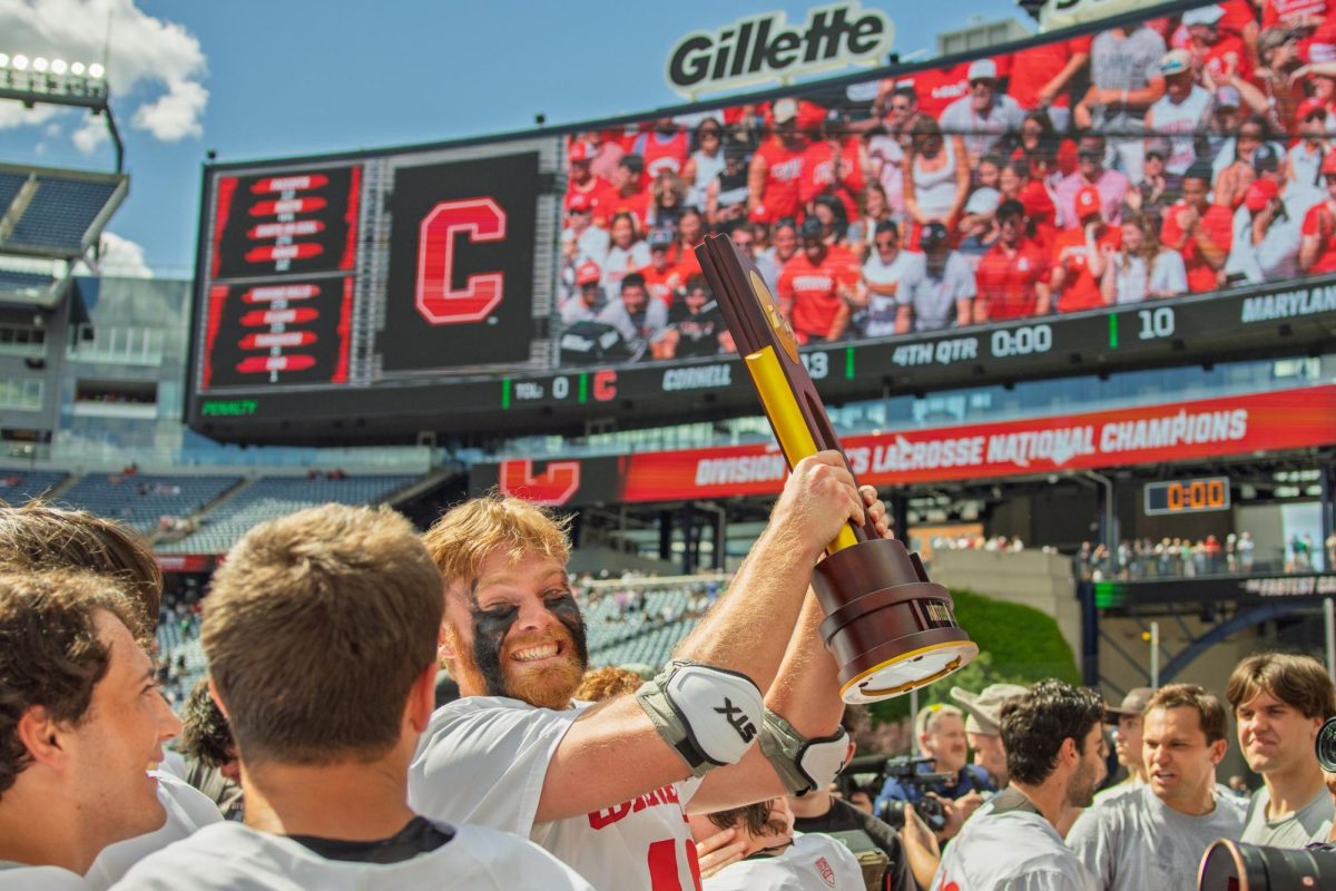 The Cornell lacrosse team is all smiles after its 13-10 victory over Maryland in the NCAA Division 1 men's lacrosse national championship game at Gillette Stadium on May 26, 2025.