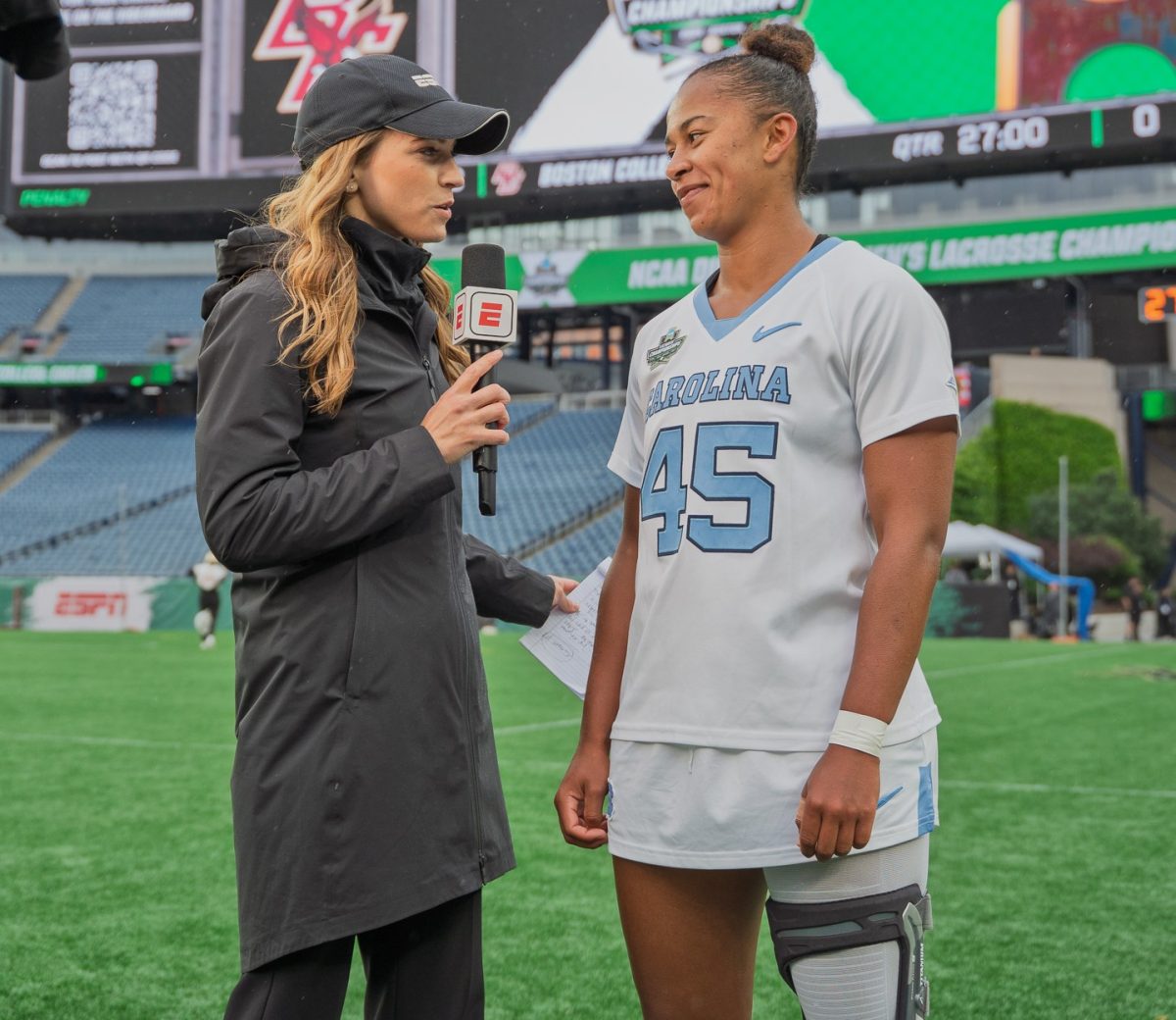 North Carolina junior Brooklyn Walker-Welch takes part in a postgame interview following the Tar Heels' 20-4 victory over Florida in the NCAA Division 1 women's lacrosse semifinals at Gillette Stadium on May 23, 2025.