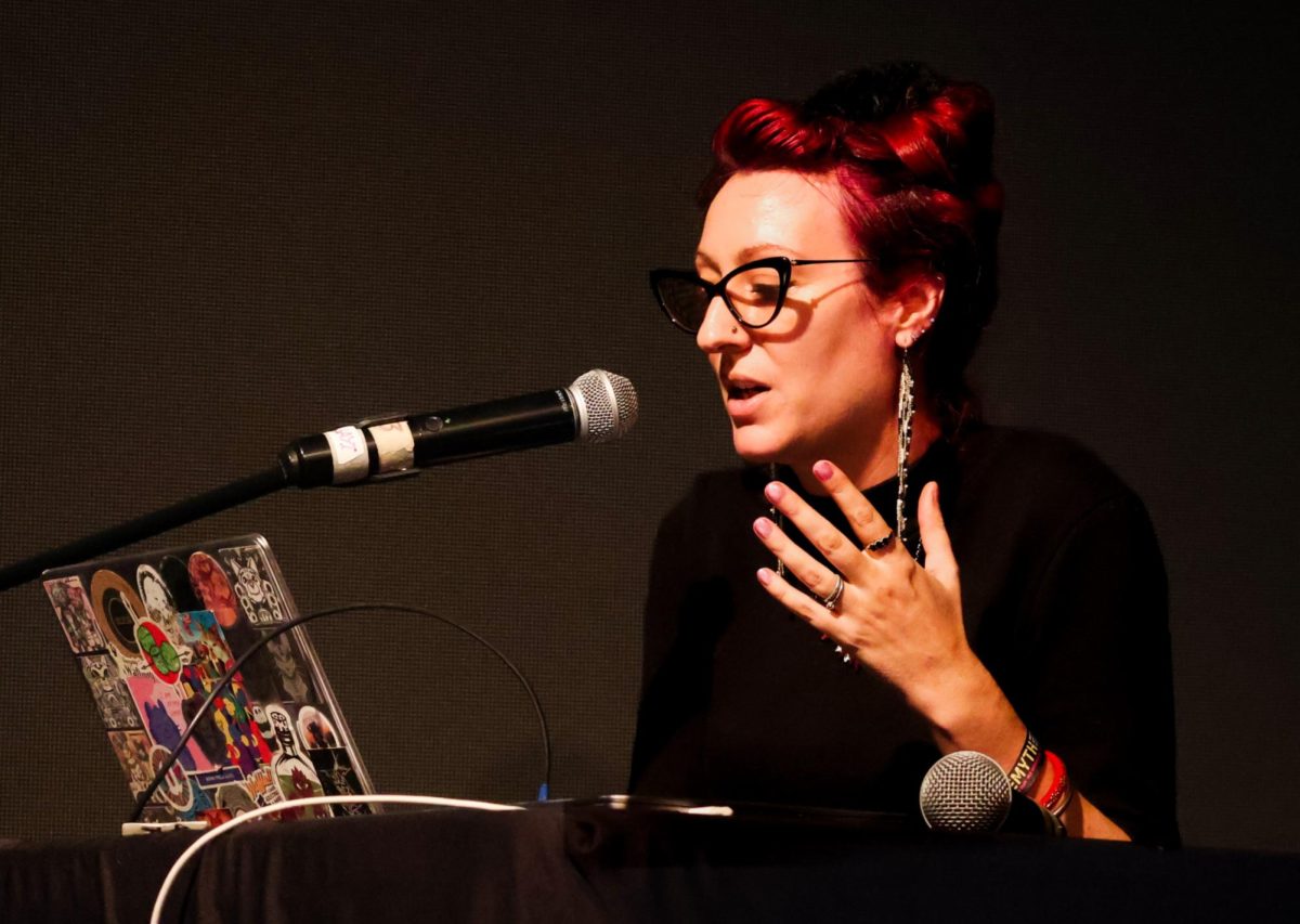 Caroline Stedman Mishra, who has curated immersive theater performances and live visual sets, explained her use of AI in her work during Day 2 of the EyeMyth Festival in Mumbai, India, on June 21, 2025.